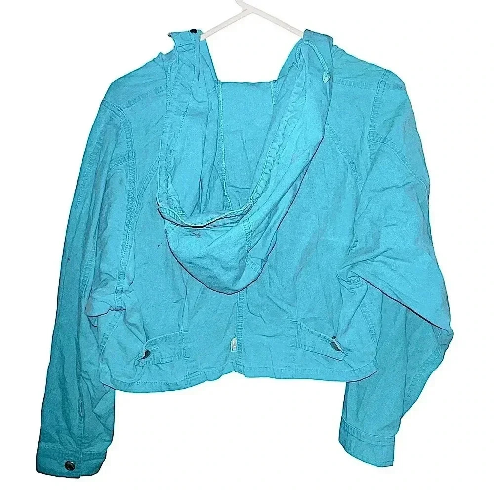 1980's Esprit Jeans Green Lightweight Denim Hooded Cropped Jacket Sz S - Picture 3 of 4